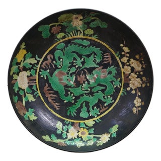 Antique Chinese Kangxi Famille Noire 5 Toed Dragon Dish Bowl 11" For Sale