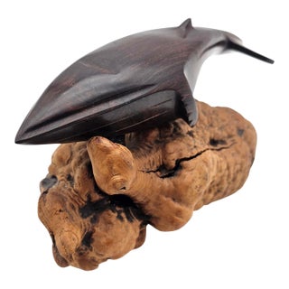 Hand-Carved Ironwood Whale Sculpture on Natural Burl Base, 9.5" For Sale