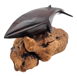 Hand-Carved Ironwood Whale Sculpture on Natural Burl Base, 9.5"