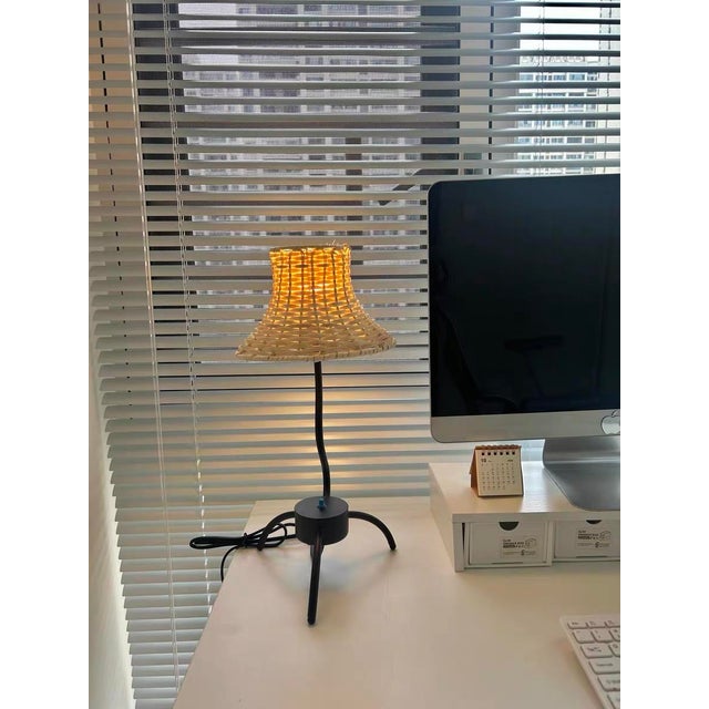 Rattan Shade & Iron Curved Arm Lamp For Sale - Image 6 of 7