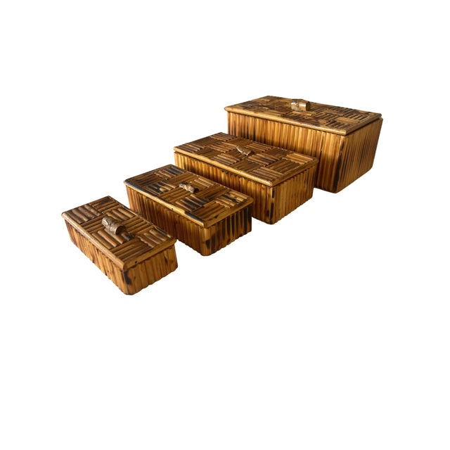 Vintage Bamboo Parquet Boxes With Bamboo Root Pulls, Graduated - Set of 4 For Sale In Los Angeles - Image 6 of 13