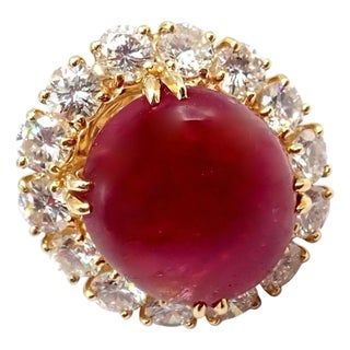 1960s Van Cleef & Arpels Large Cabochon Burmese No Heat Ruby Diamond Gold Ring Gia, Size 6 For Sale