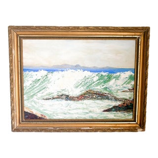 Ocean Waves Crashing on Rocks Painting, 1960's Textured Nautical Ocean Painting, Framed For Sale