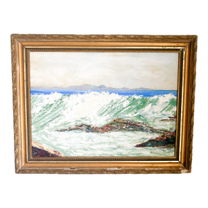 Ocean Waves Crashing on Rocks Painting, 1960's Textured Nautical Ocean Painting, Framed