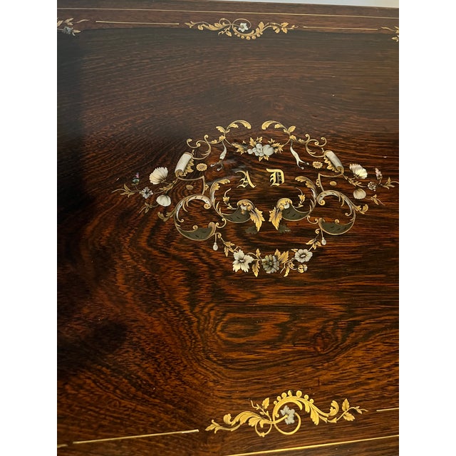 Elegant 19th century English rosewood writhing / document box featuring fine satinwood and mother-of-pearl style floral...