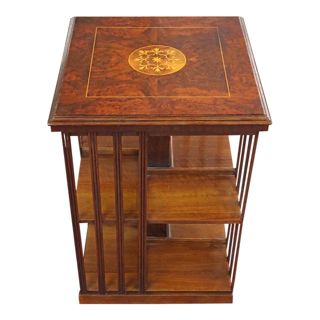 1960s English Edwardian Burl Wood Inlaid Revolving Bookcase For Sale
