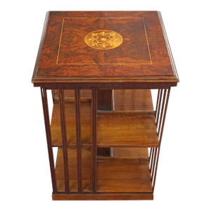 1960s English Edwardian Burl Wood Inlaid Revolving Bookcase