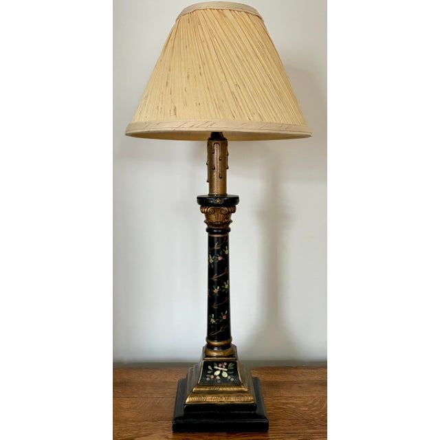 Mid 20th Century Black and Gold Neoclassical Style Column Lamp With Painted Florals For Sale - Image 12 of 12
