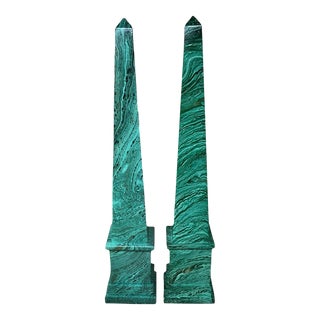 Vintage Italian HandPainted Carved Wood Neoclassical Faux Malachite Obelisks Columns - a Pair For Sale