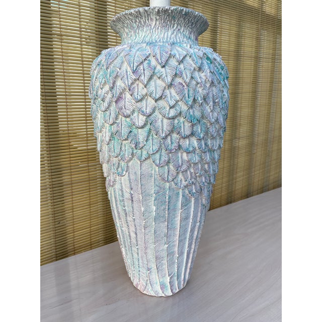 Blue Large Postmodern Feathered Pattern Plaster Table Lamp. Circa 1980s For Sale - Image 8 of 12
