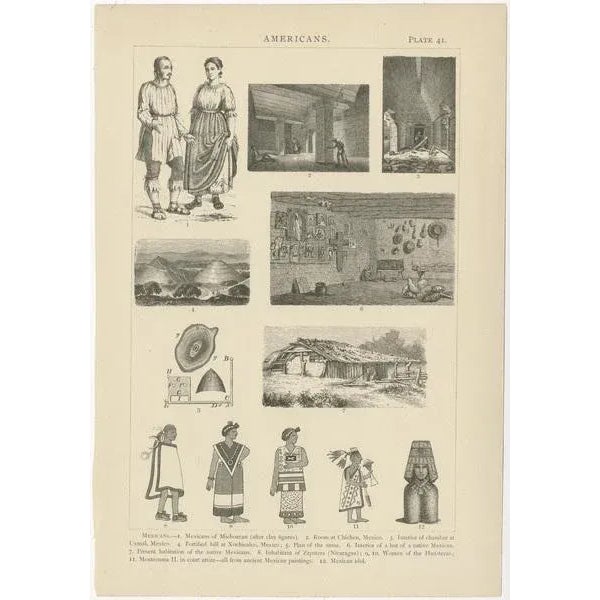 Set of four antique prints depicting various scenes, figures, and objects of Mexico. These prints originate from...