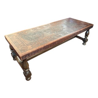 Spanish Colonial Revival Coffee Table with Embossed Leather Top, 1980s For Sale