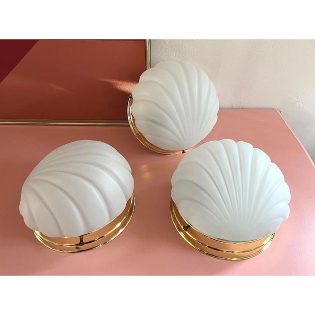 1970s 1970s Frosted Glass Scallop Shell Wall Lights - Set of Three For Sale - Image 5 of 18