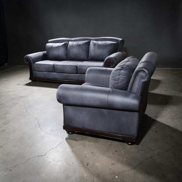 Restored Dark Charcoal Leather Sofa & Club Chair Set – Classic Rolled Arm Design For Sale In Miami - Image 6 of 11