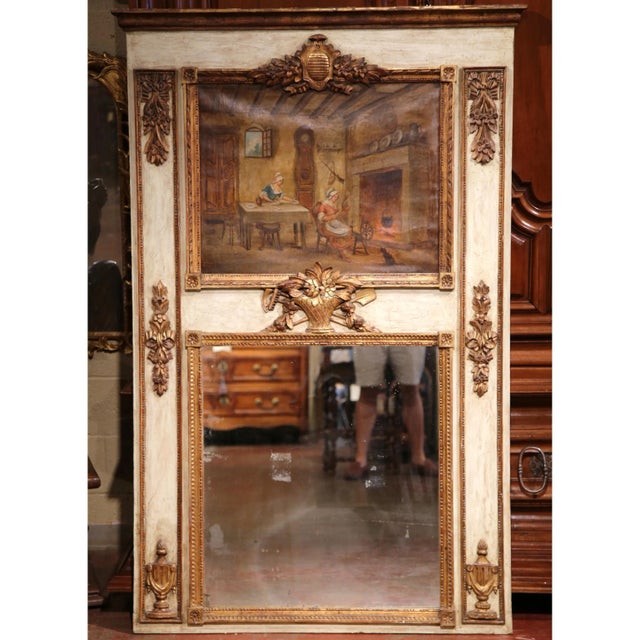 19th Century French Louis XVI Carved Painted and Gilt Wall Trumeau Mirror For Sale - Image 10 of 10