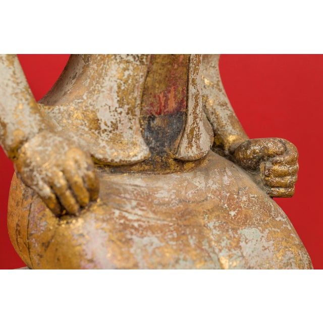 Asian Burmese 19th Century Hand Carved, Gilded and Painted Sculpture of a Seated Woman For Sale - Image 3 of 13