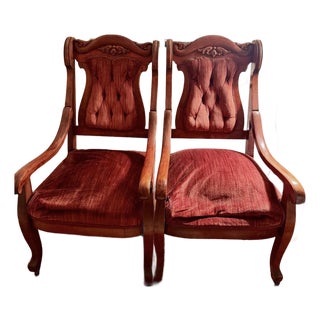 Pair of Antique Mahogany Victorian Parlor Throne Armchairs on Castors, Circa 1880's For Sale