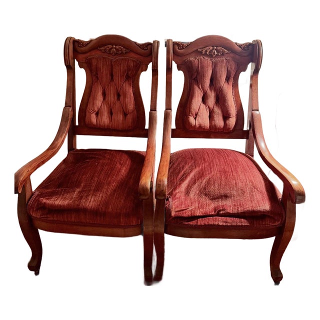 Pair of Antique Mahogany Victorian Parlor Throne Armchairs on Castors, Circa 1880's For Sale