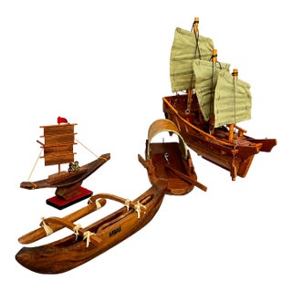 Mid 20th Century Set of Four Wooden Boat Models With Sails, Covered Boat and Hawaiian Outrigger For Sale