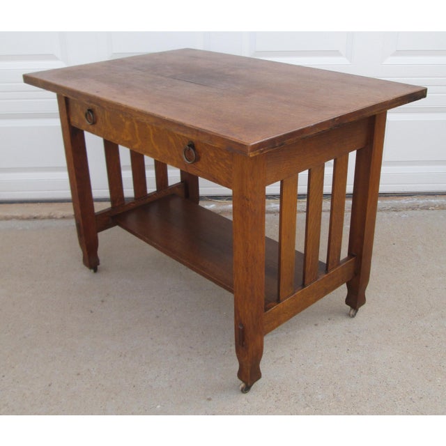 Early 20th Century Stickley Attributed Mission Oak Arts and Crafts Library Table / Writing Desk For Sale - Image 9 of 18