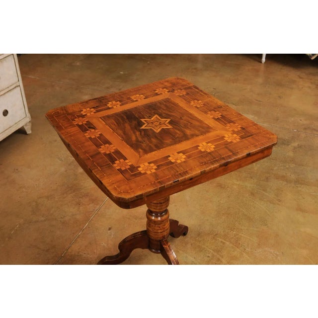 Brown Italian 19th Century Center Table with Marquetry Décor and Turned Pedestal For Sale - Image 8 of 12