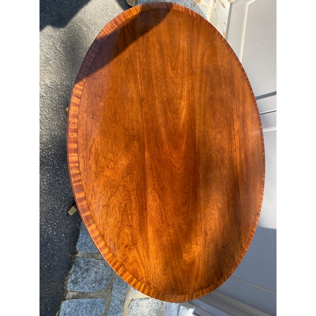Brown Late 19th Century English Regency Style Mahogany Oval Pedestal Hall or Dining Table With Banded Top For Sale - Image 8 of 11