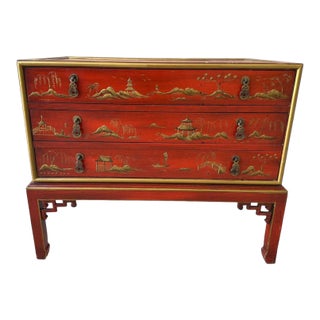 Late 20th Century Hekman Designer Vintage Chinoiserie Red Lacquer Three-Drawer Chest For Sale