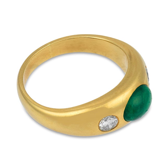 Vintage Emerald Diamond Bezel Set 18k Yellow Gold Ring, Size 5.5 For Sale - Image 4 of 6