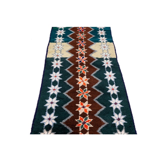 Burgundy Vintage Turkish Wool Runner in Green With Bold Tribal Geometry For Sale - Image 8 of 10
