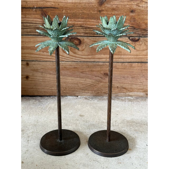 Pair of Tropical Coastal Palm Tree Metal Candlesticks With Verdigris Green Fronds For Sale - Image 12 of 12