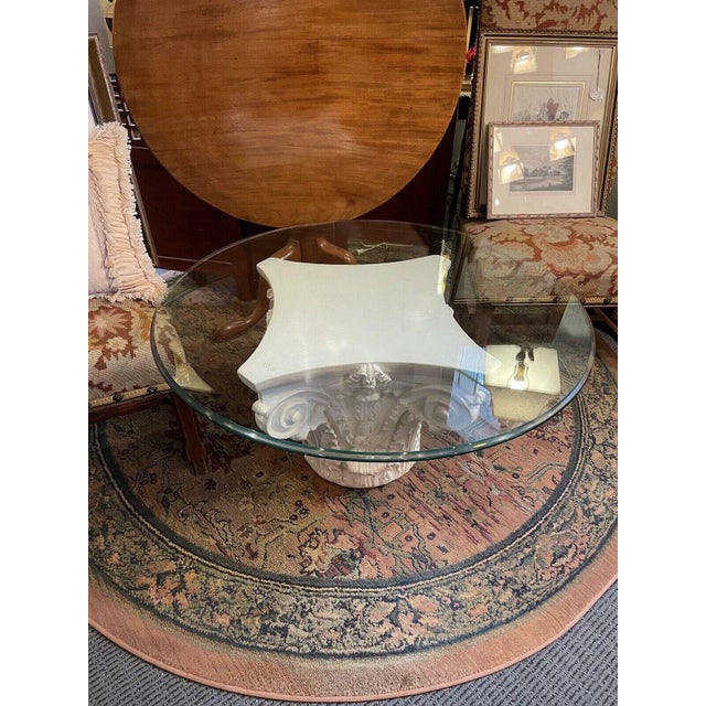 1990s 1990s Clear Coated White Plaster Corinthian Column Bevelled Glass Top Coffee Table For Sale - Image 5 of 13