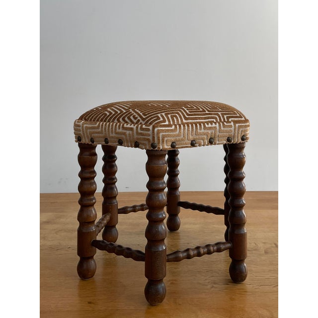 Wood Vintage Hexagonal Bobbin Leg Footstool in Schumacher Lisboa Velvet For Sale - Image 7 of 11