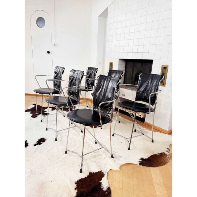 Black Antonio Citterio Eridiana Leather + Metal Chairs, Xilitalia, Italy, 1980s, Set 6 For Sale - Image 8 of 12