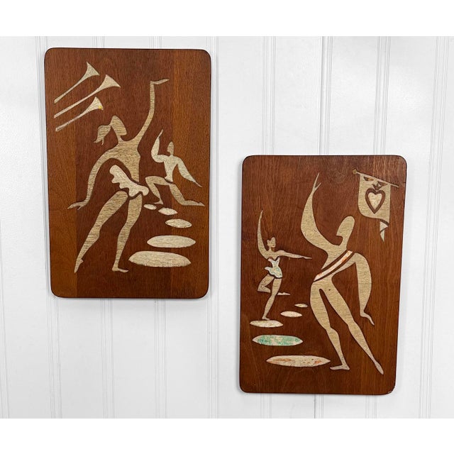 - Original Pair of 1960's Figural Dancer Wall Plaques - Veneered Walnut Finish with Reverse Relief Dancer Motif - Each...