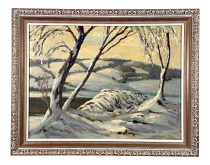 Mid 20th Century Impressionist Style Winter Landscape Oil Painting by Harold Barry Bugden, Framed
