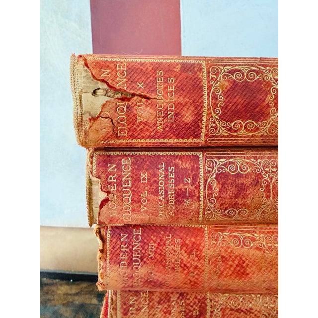Victorian Antique Set of Ten (10) Modern Eloquence Books Red Leather Decorative Book Stack 1900 For Sale - Image 3 of 12