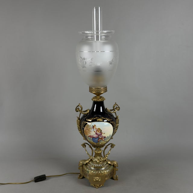 Antique French Porcelain, Brass and Satin Glass Table Lamp, 20th Century For Sale - Image 13 of 13