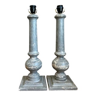 Vintage Distressed Wood Table Lamps - Pair For Sale