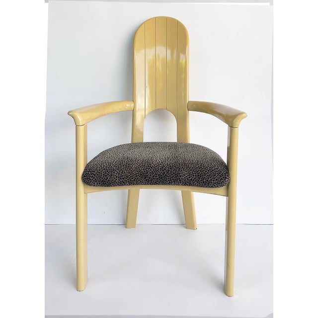 Set of 4 Italian Lacquered Postmodern Armchairs, Animal Print Upholstery Offered for sale is a set of four Italian...