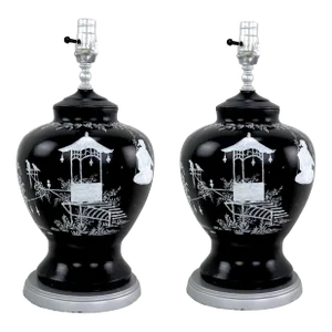 A Pair of Hand-Painted Chinese Style Landscape Porcelain Jar Table Lamps