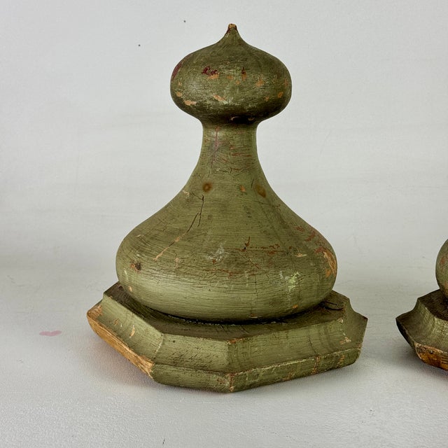 Pair of 19th C. Architectural Salvaged Large Onion Shaped Wood Finials, Painted Green For Sale - Image 11 of 15