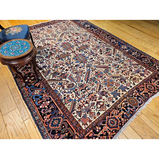 Persian Vintage Persian Heriz Serapi Rug, Hand-Knotted Wool, All-Over Geometric Pattern, Ivory & Blue, 8x10 For Sale - Image 3 of 14