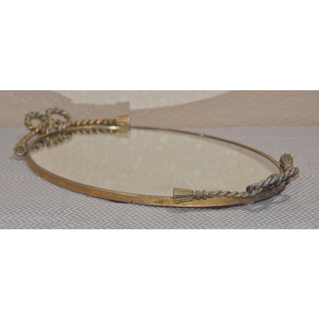 1940s Italian Art Deco Vanity Mirror Tray Rope Handles Gold Hollywood Regency 20"x13" For Sale - Image 5 of 8