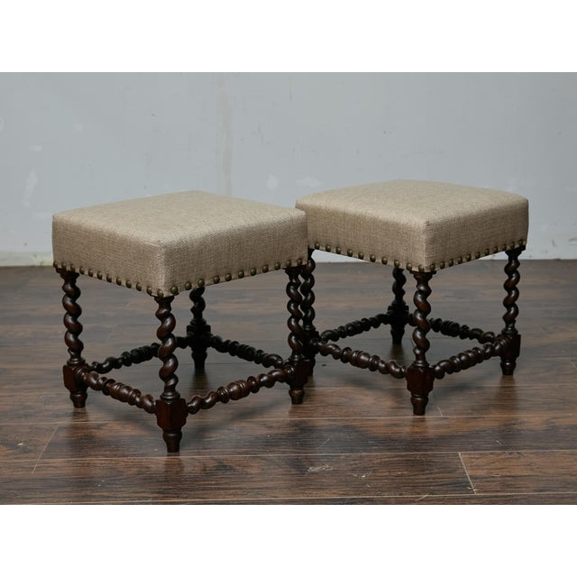 Pair of 19th-Century English Barley Twist Hardwood Stools with Linen Upholstery For Sale - Image 4 of 8