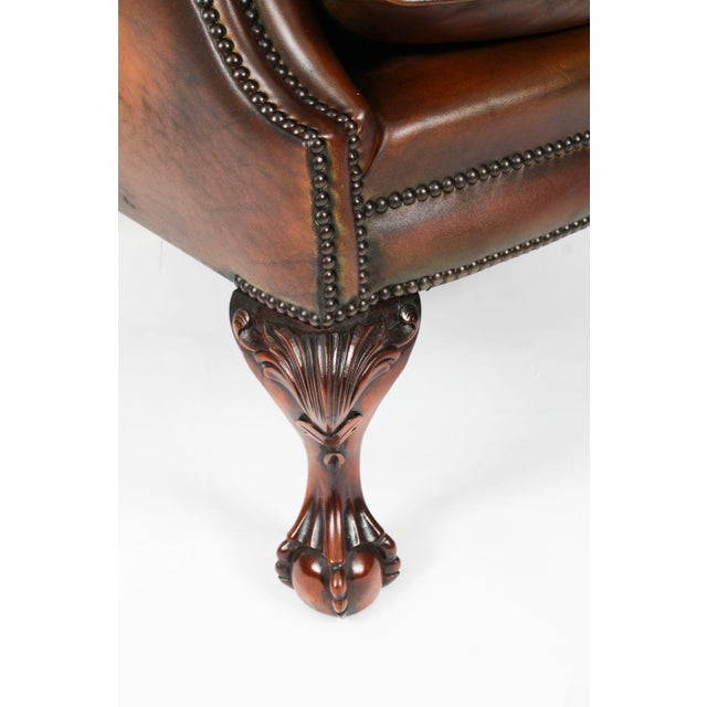 Antique Chippendale Revival Wingback Armchairs in Leather, 1920s, Set of 2 For Sale - Image 15 of 18