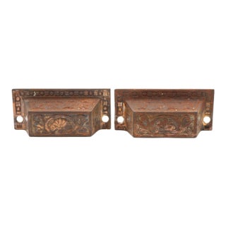 Pair of Antique Victorian 3.25 In. Brass Plated Cast Iron Bin Pulls For Sale