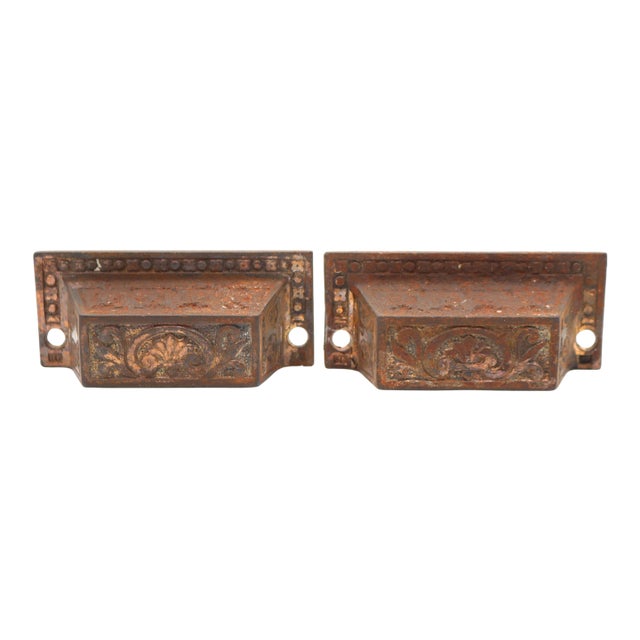 Pair of Antique Victorian 3.25 In. Brass Plated Cast Iron Bin Pulls For Sale