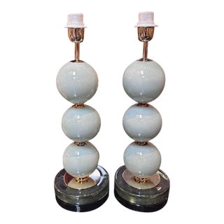 Pair of Pale Blue Murano Glass Ball Form Lamps For Sale