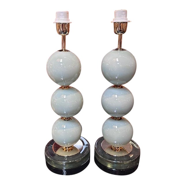 Pair of Pale Blue Murano Glass Ball Form Lamps For Sale