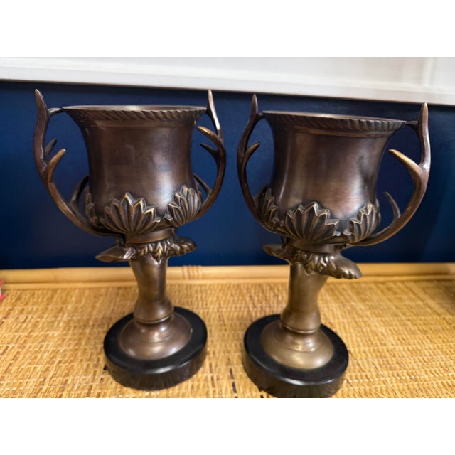 1980s Vintage Brass Deer Urns With Antique Brass Finish, a Pair For Sale - Image 5 of 8